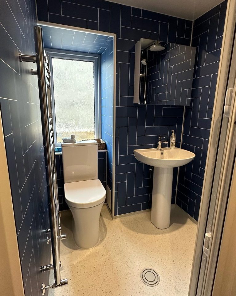 Compact modern bathroom featuring contemporary wall tiles, a stylish shower and space-saving design.